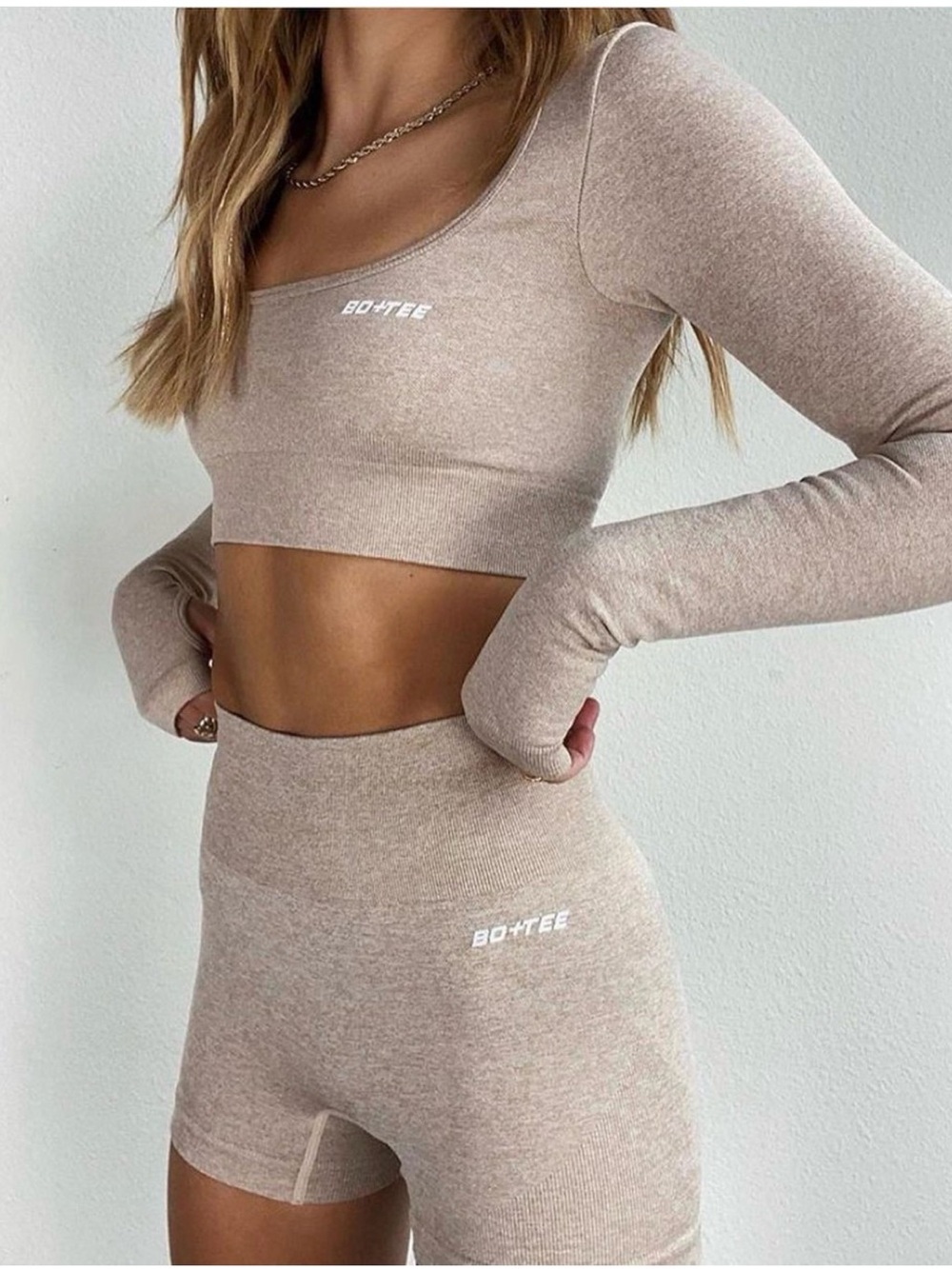 BO+TEE Beige Seamless Crop Top XS square neckline